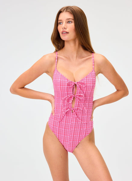 THE THREE TIE MAILLOT in FUCHSIA STRIPED SEERSUCKER – Lisa