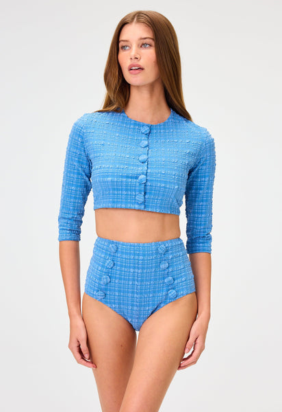 THE CARDIGAN in BLUE STRIPED SEERSUCKER – Lisa Marie Fernandez