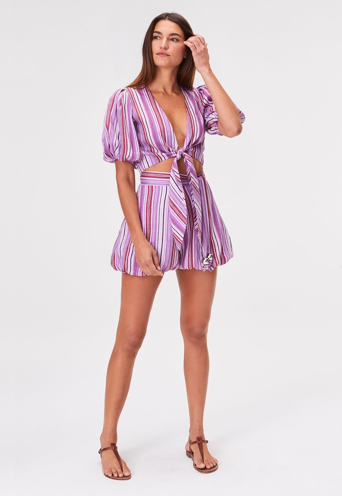 THE POUF SHORT in BLUEBERRY STRIPED LINEN