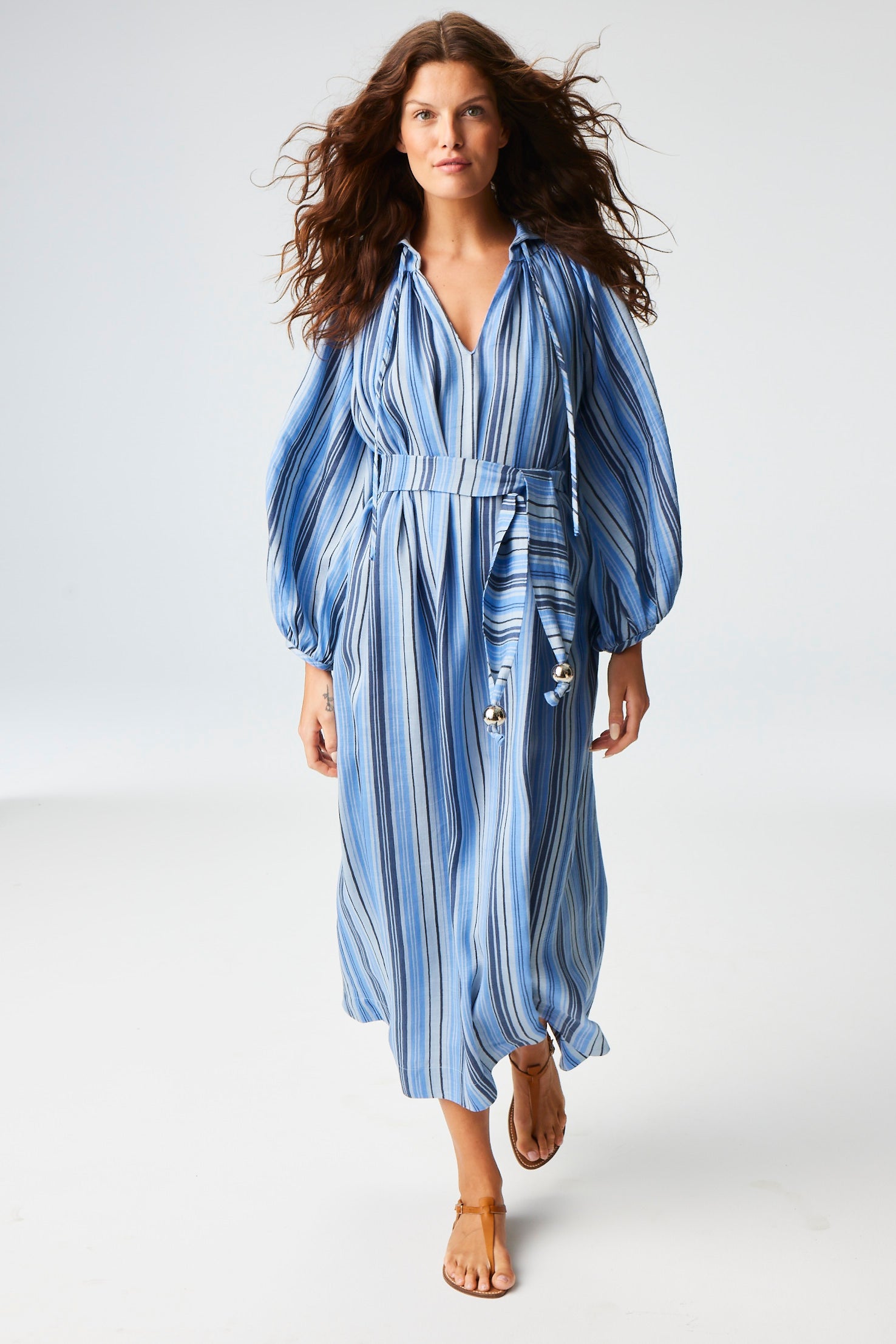 THE POET DRESS in SEA STRIPED LINEN