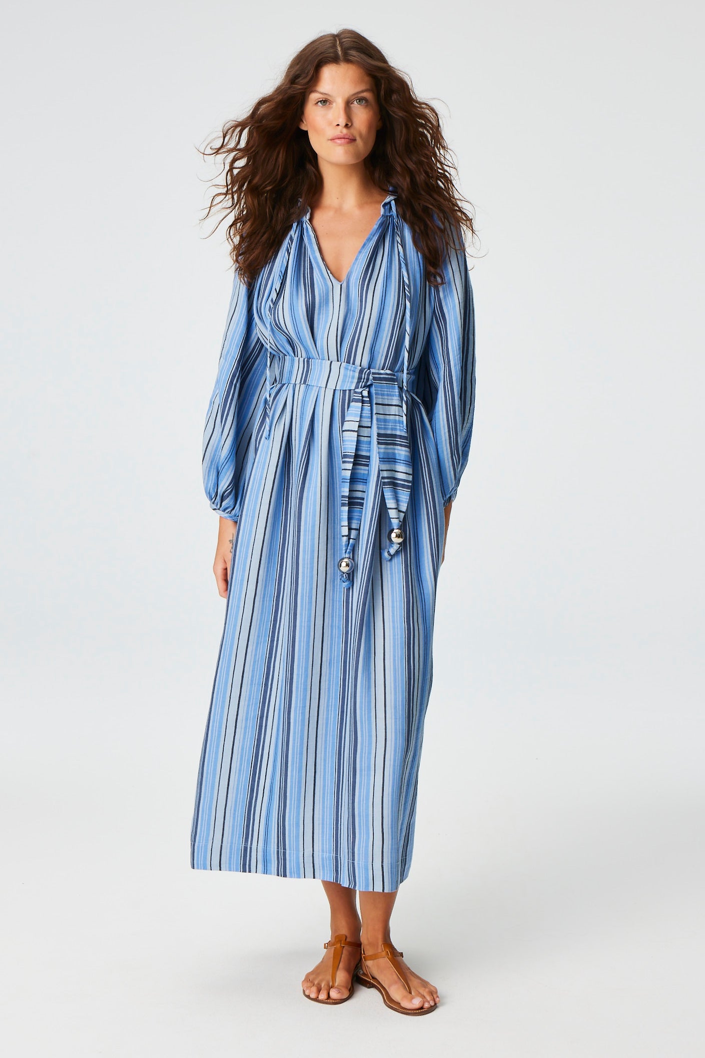THE POET DRESS in SEA STRIPED LINEN