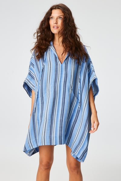 THE HOODED PONCHO in SEA STRIPED LINEN