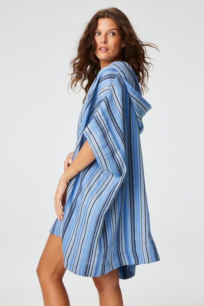 THE HOODED PONCHO in SEA STRIPED LINEN