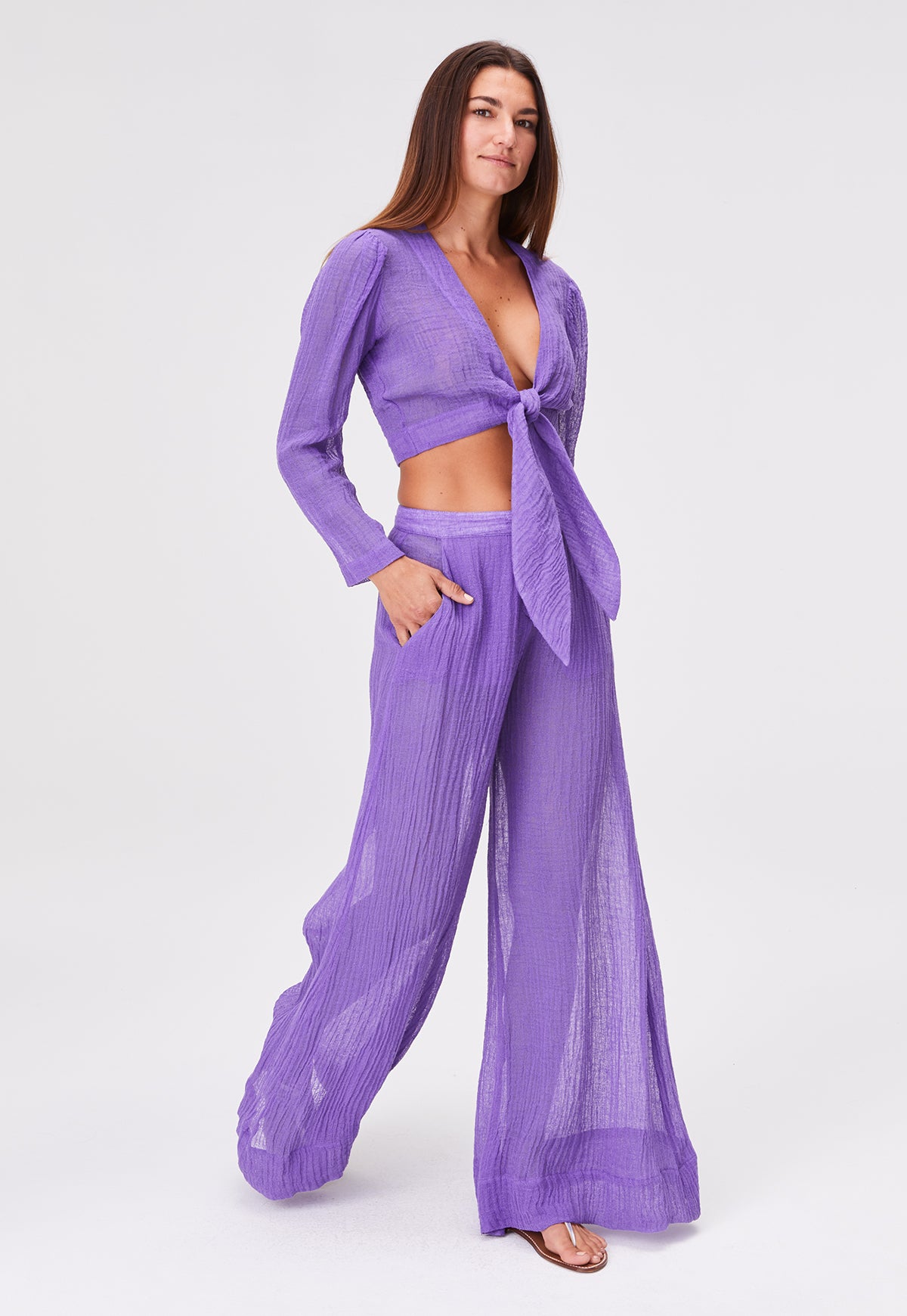 THE LOW-WAIST WIDE LEG PANT in LAVENDER SORRENTO GAUZE