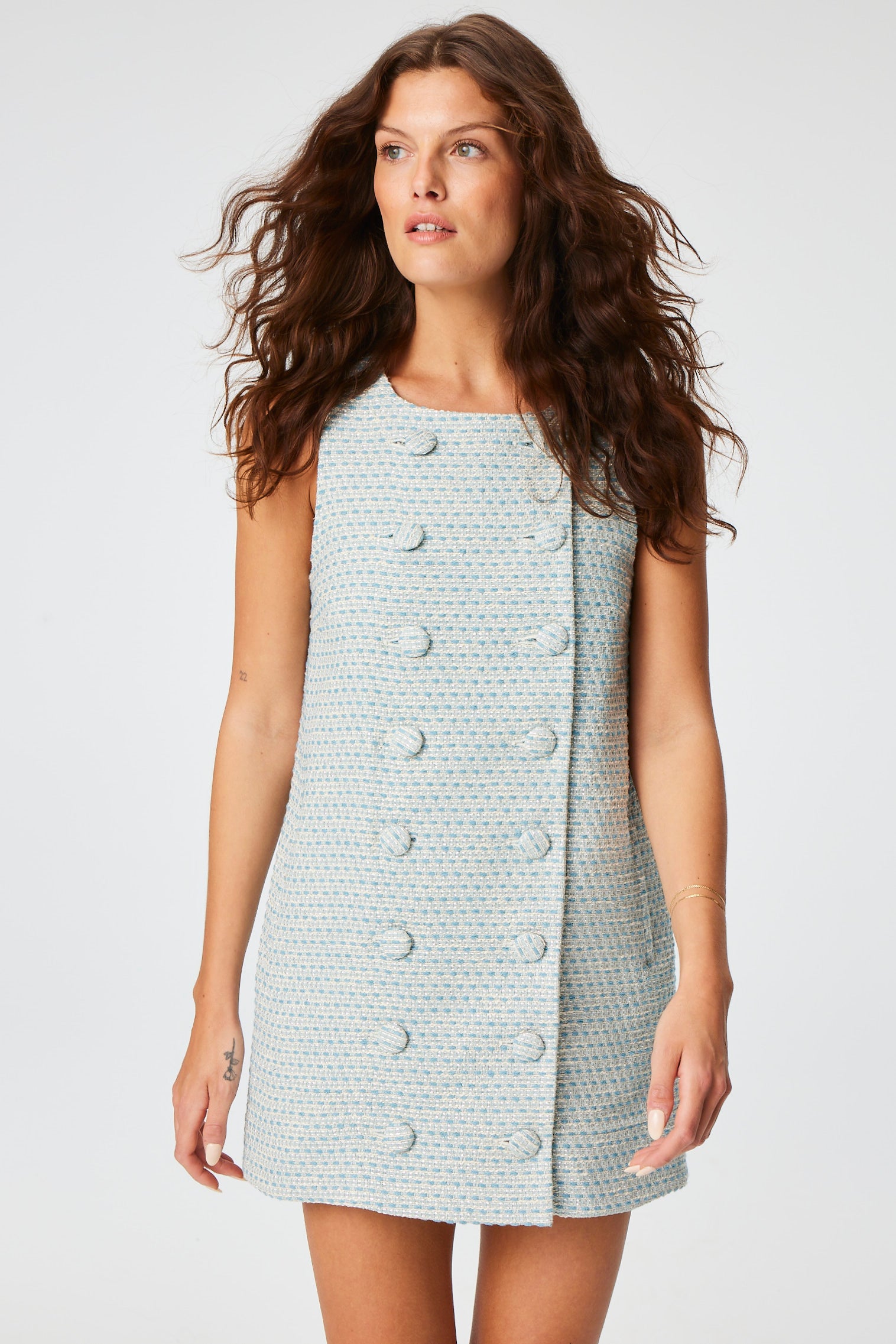 THE DOUBLE BREASTED MINI DRESS in POWDER BLUE METALLIC TWEED