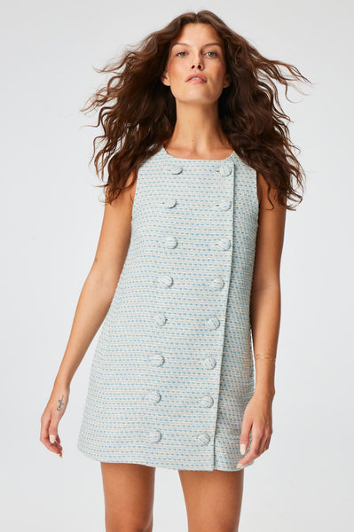 THE DOUBLE BREASTED MINI DRESS in POWDER BLUE METALLIC TWEED