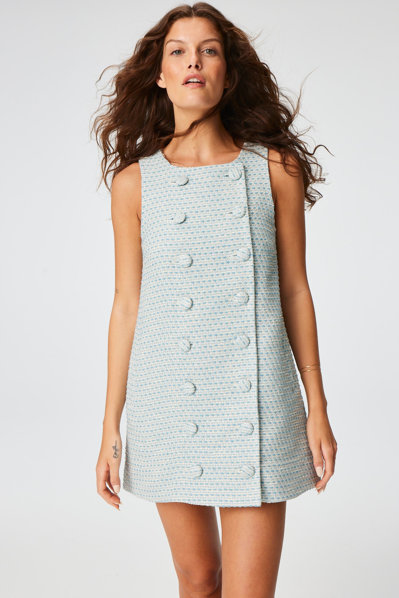 THE DOUBLE BREASTED MINI DRESS in POWDER BLUE METALLIC TWEED