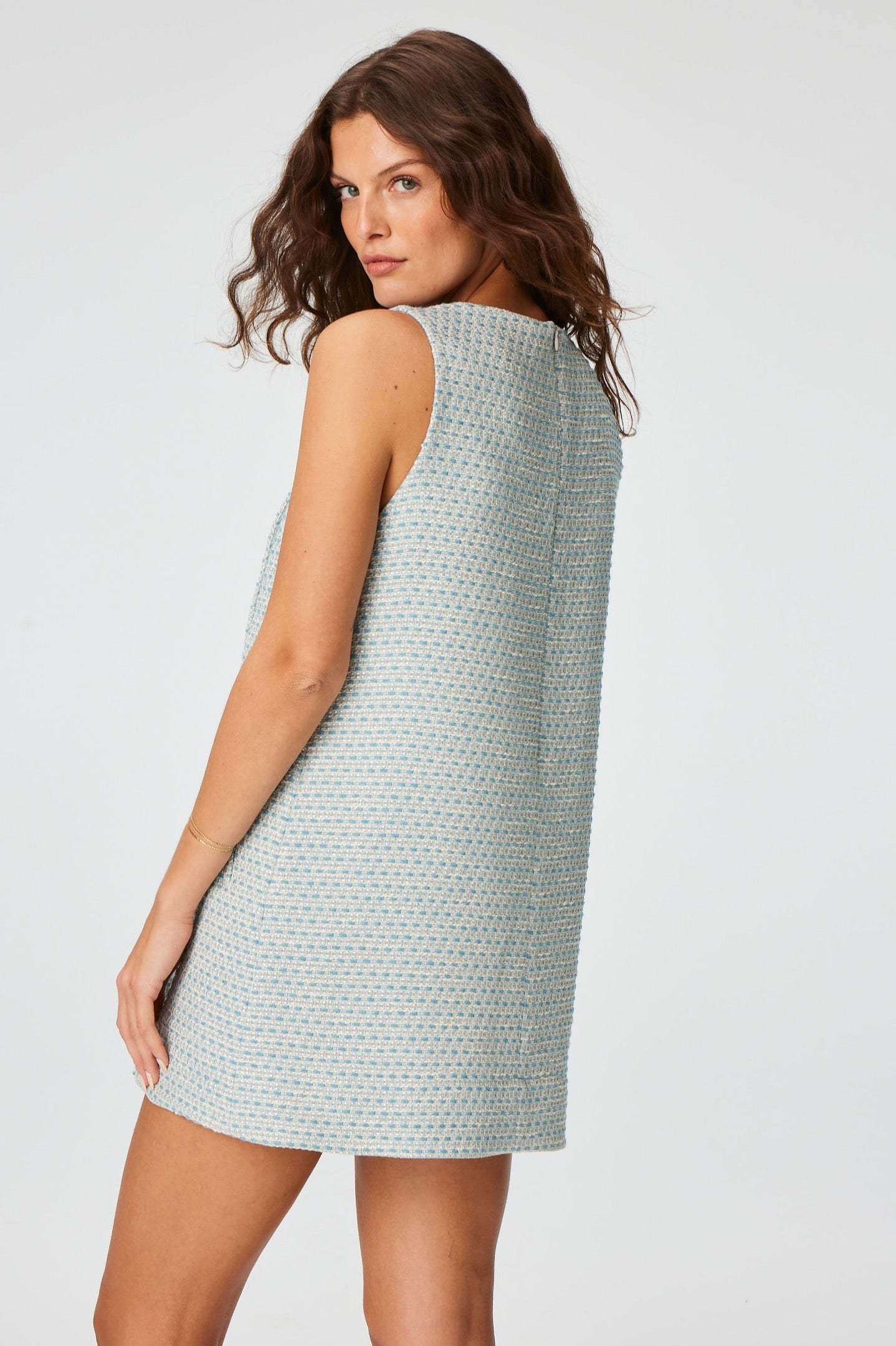 THE DOUBLE BREASTED MINI DRESS in POWDER BLUE METALLIC TWEED