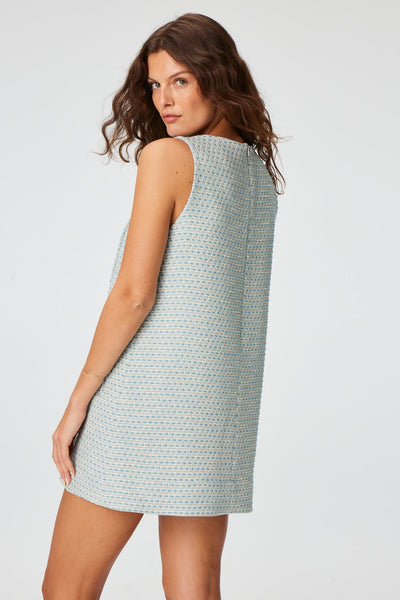 THE DOUBLE BREASTED MINI DRESS in POWDER BLUE METALLIC TWEED