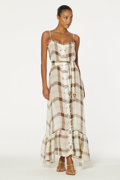 THE RUFFLE SLIP DRESS in CARAMEL WINDOWPANE GAUZE – Lisa Marie