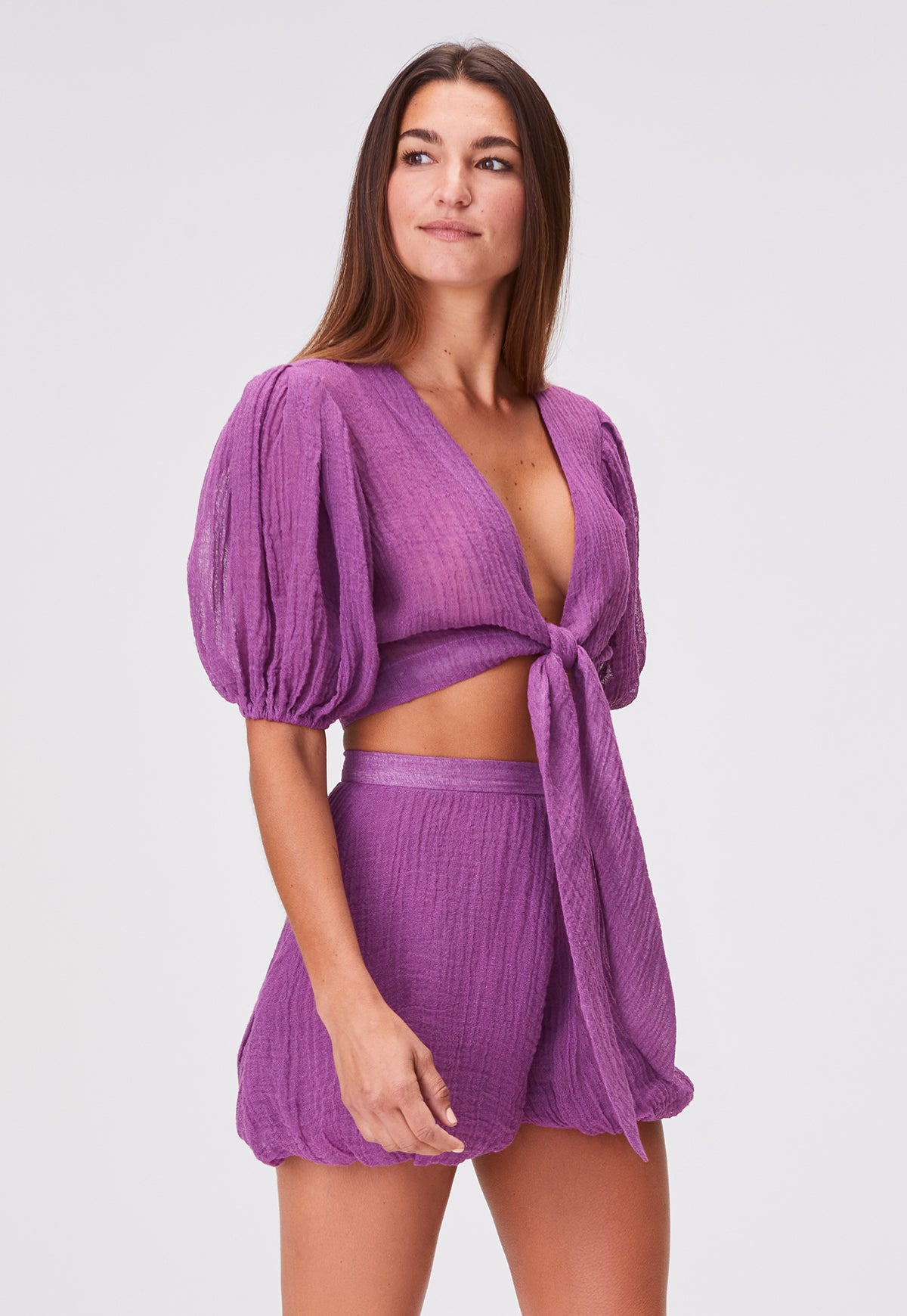 THE POUF TIE BLOUSE in RASPBERRY SORRENTO GAUZE