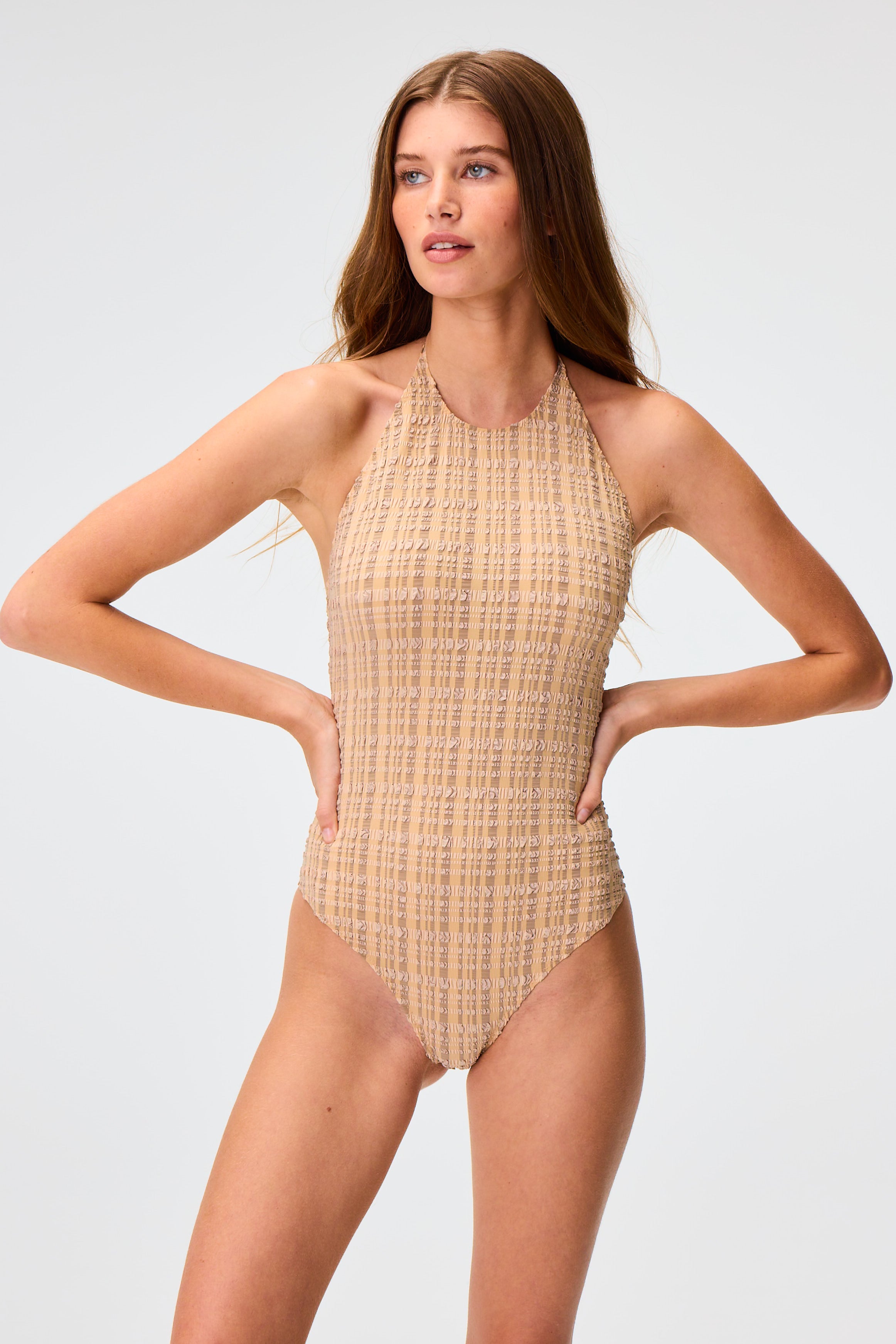 THE HALTER MAILLOT in NATURAL & SAND STRIPED SEERSUCKER