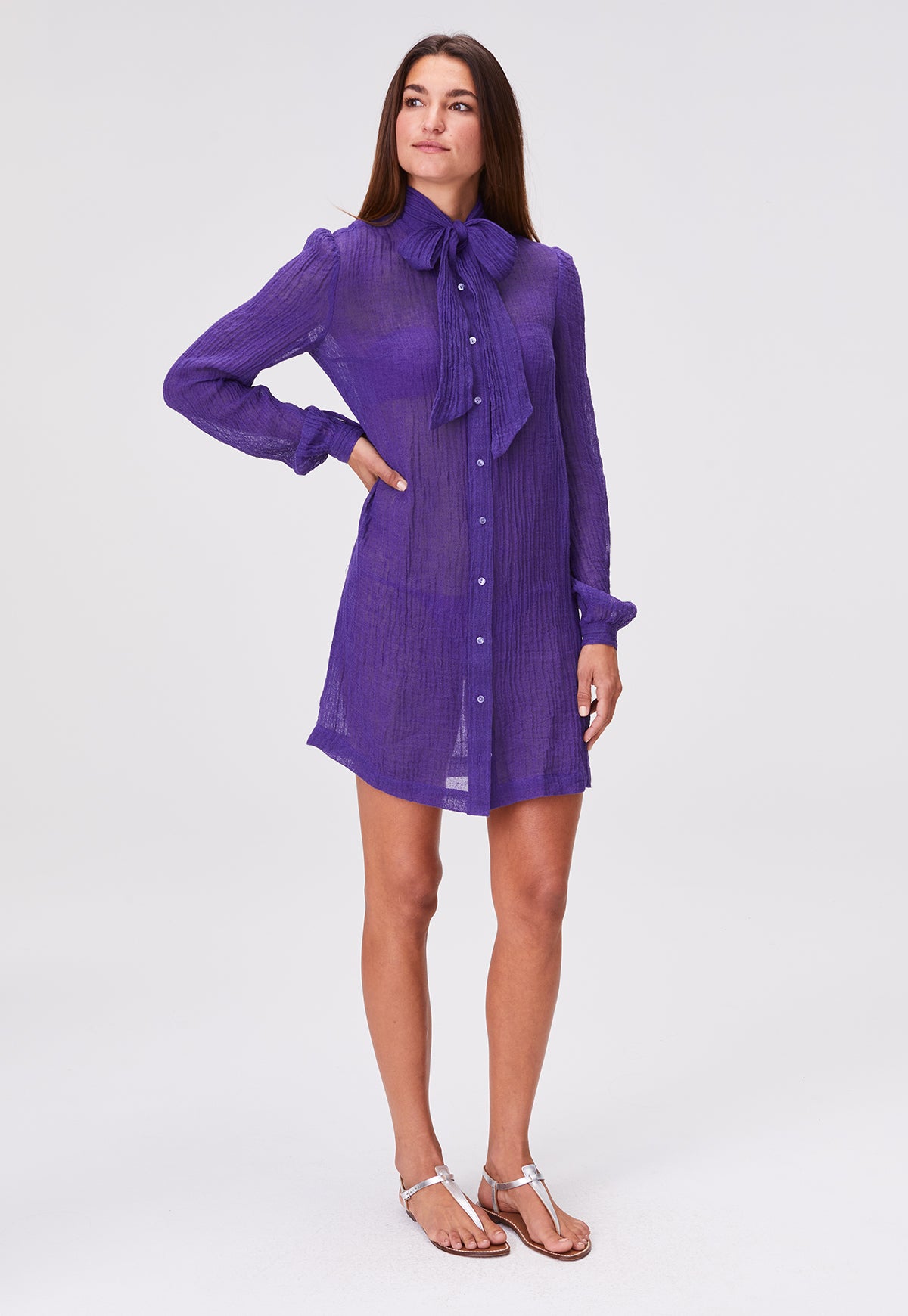 THE PUSSY BOW SHIRT DRESS MINI in BLUEBERRY SORRENTO GAUZE