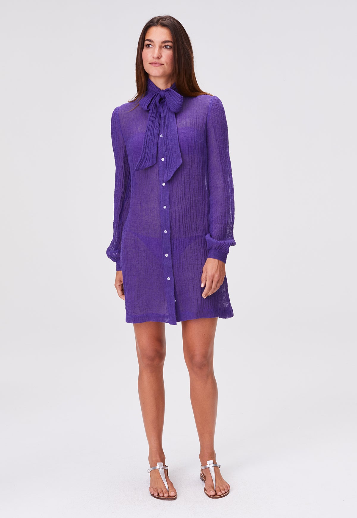 THE PUSSY BOW SHIRT DRESS MINI in BLUEBERRY SORRENTO GAUZE
