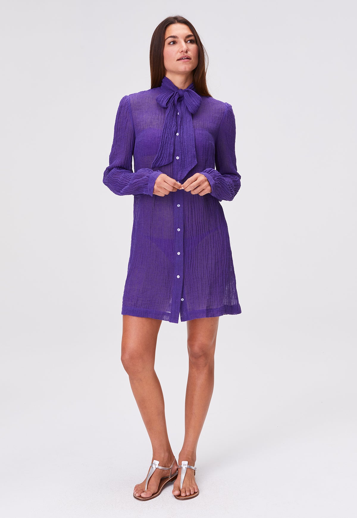 THE PUSSY BOW SHIRT DRESS MINI in BLUEBERRY SORRENTO GAUZE