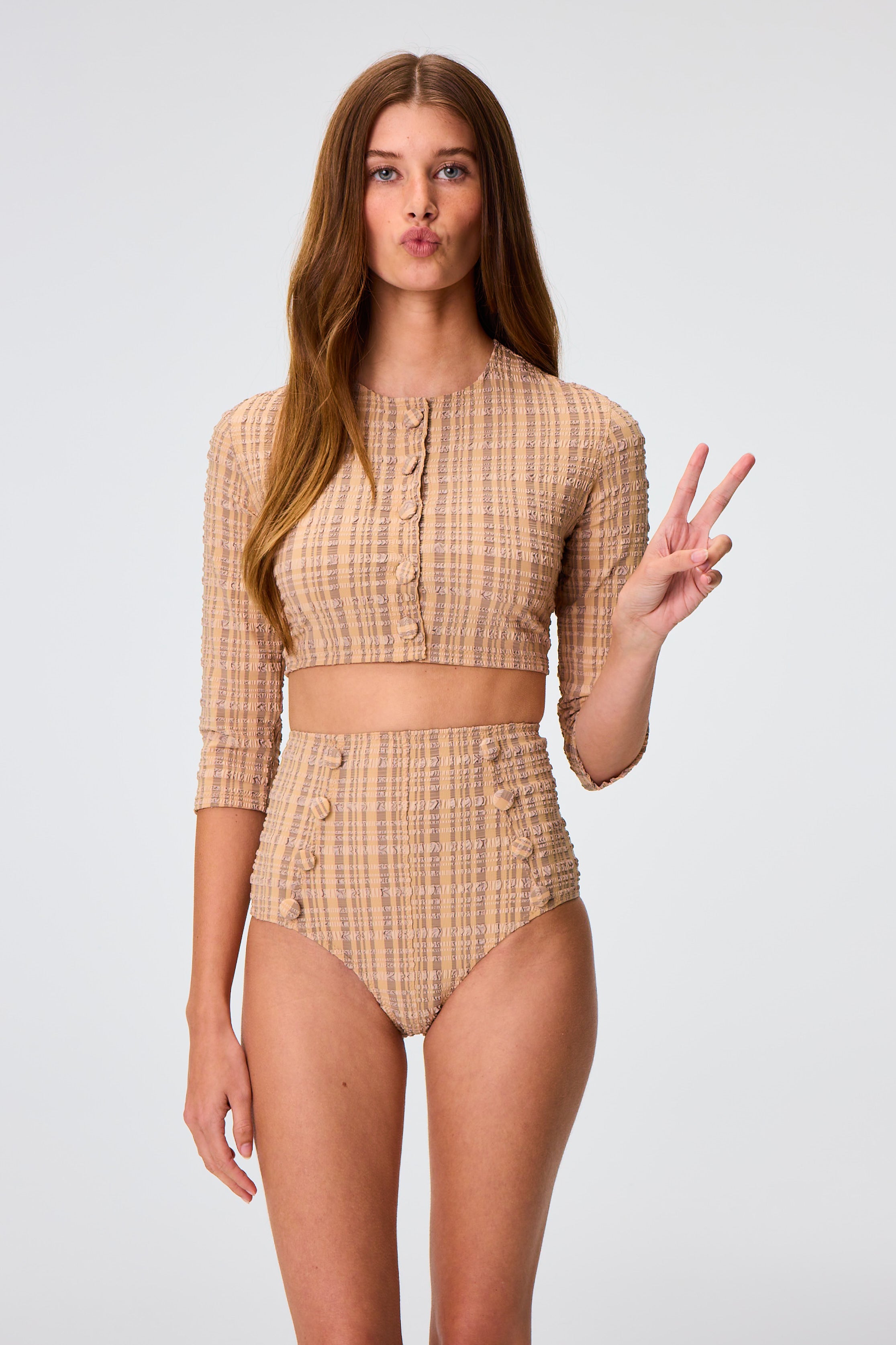 THE CARDIGAN in NATURAL & SAND STRIPED SEERSUCKER