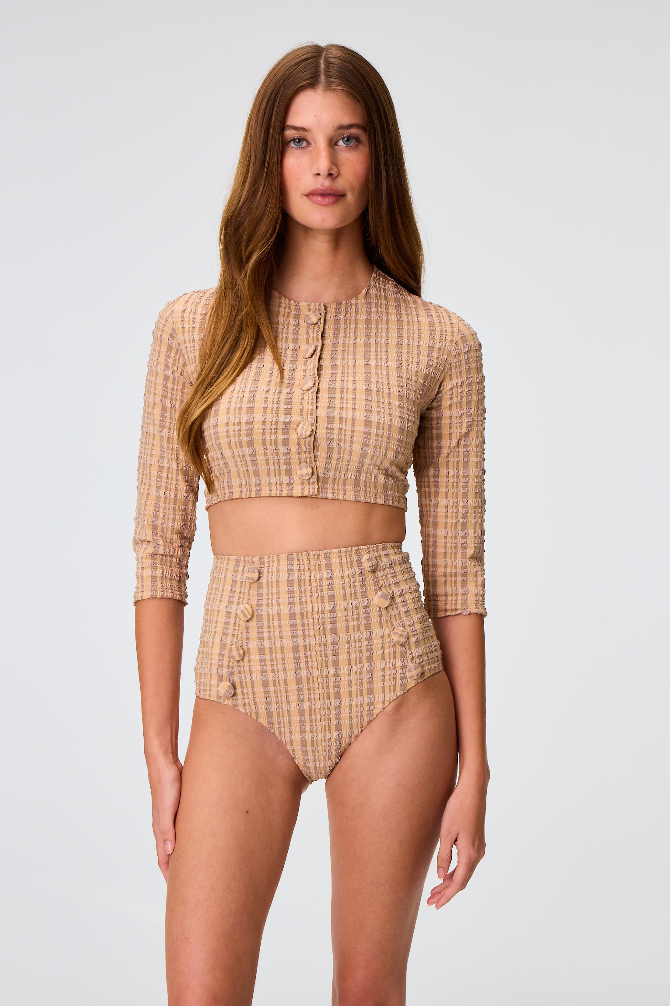 THE CARDIGAN in NATURAL & SAND STRIPED SEERSUCKER