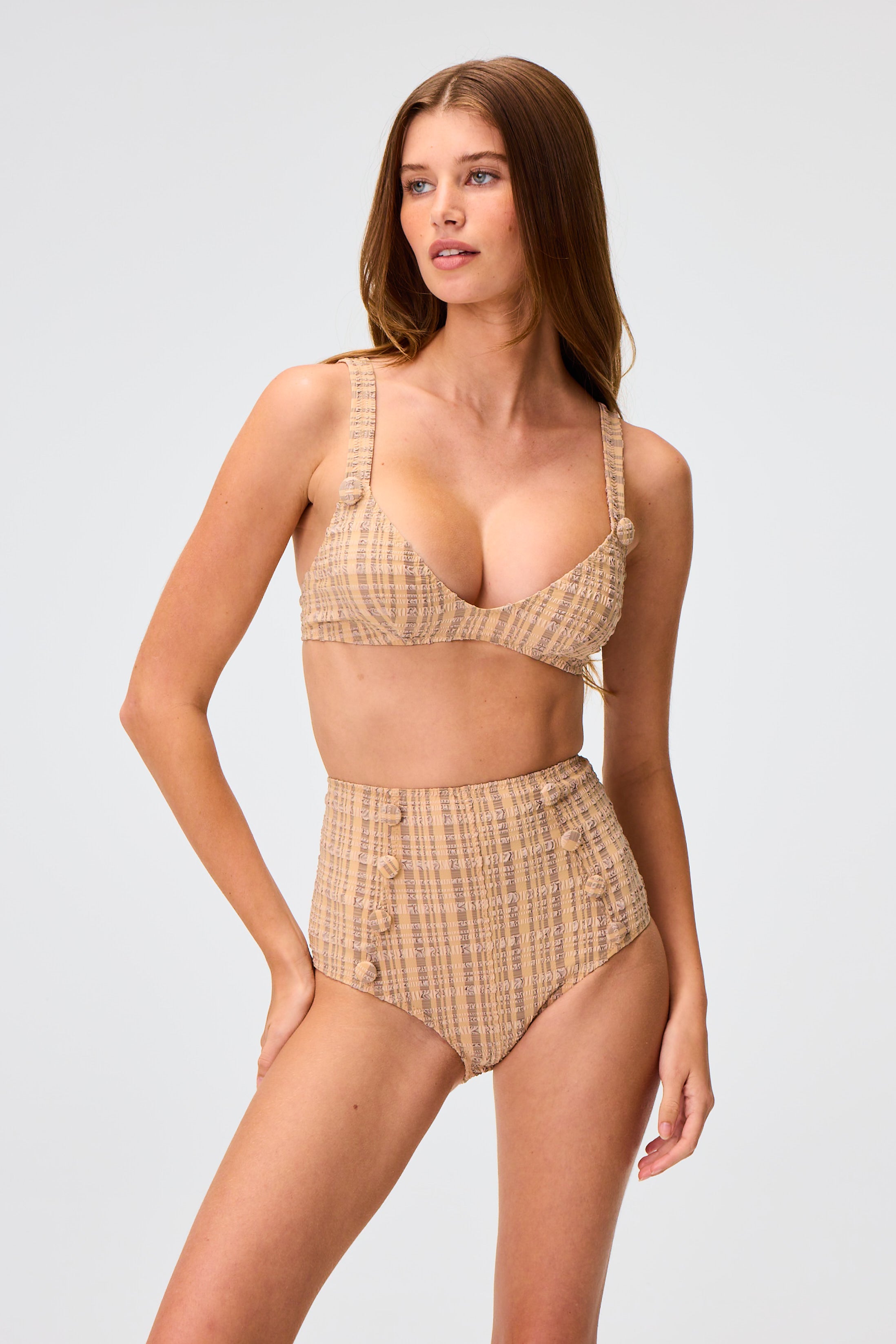 THE MAGDALENA HIGH-WAIST BIKINI in NATURAL & SAND STRIPED SEERSUCKER