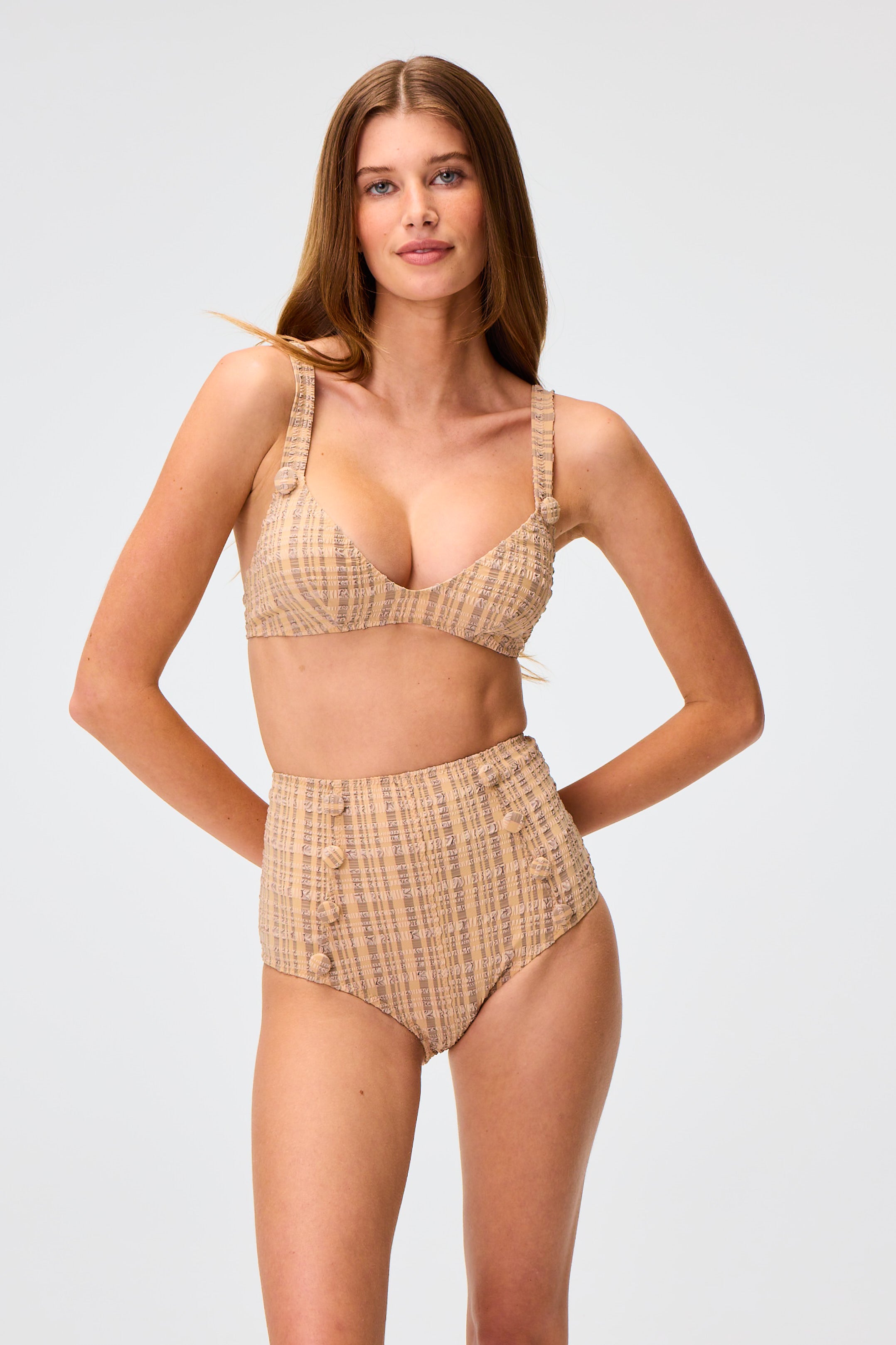 THE MAGDALENA HIGH-WAIST BIKINI in NATURAL & SAND STRIPED SEERSUCKER