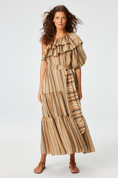 THE ARDEN DRESS in SAND STRIPED LINEN