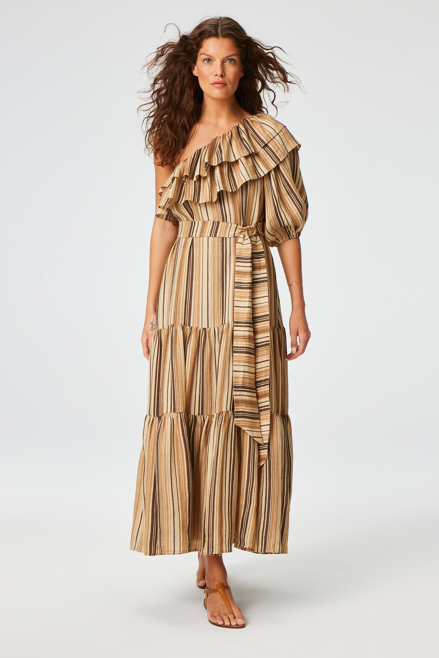 THE ARDEN DRESS in SAND STRIPED LINEN