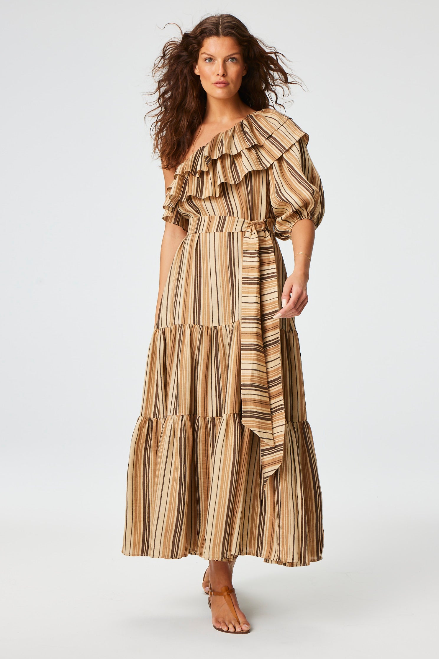 THE ARDEN DRESS in SAND STRIPED LINEN