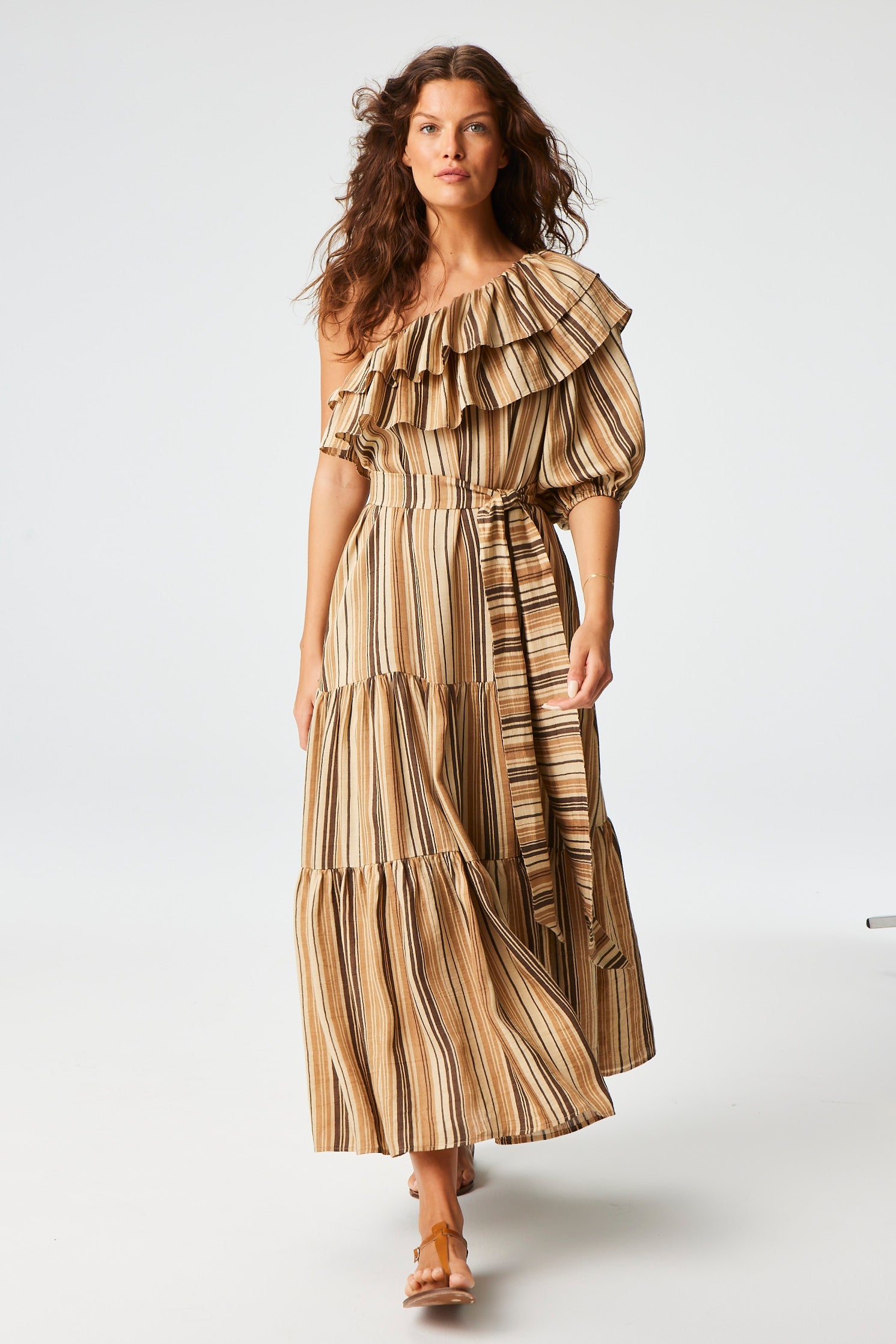 THE ARDEN DRESS in SAND STRIPED LINEN