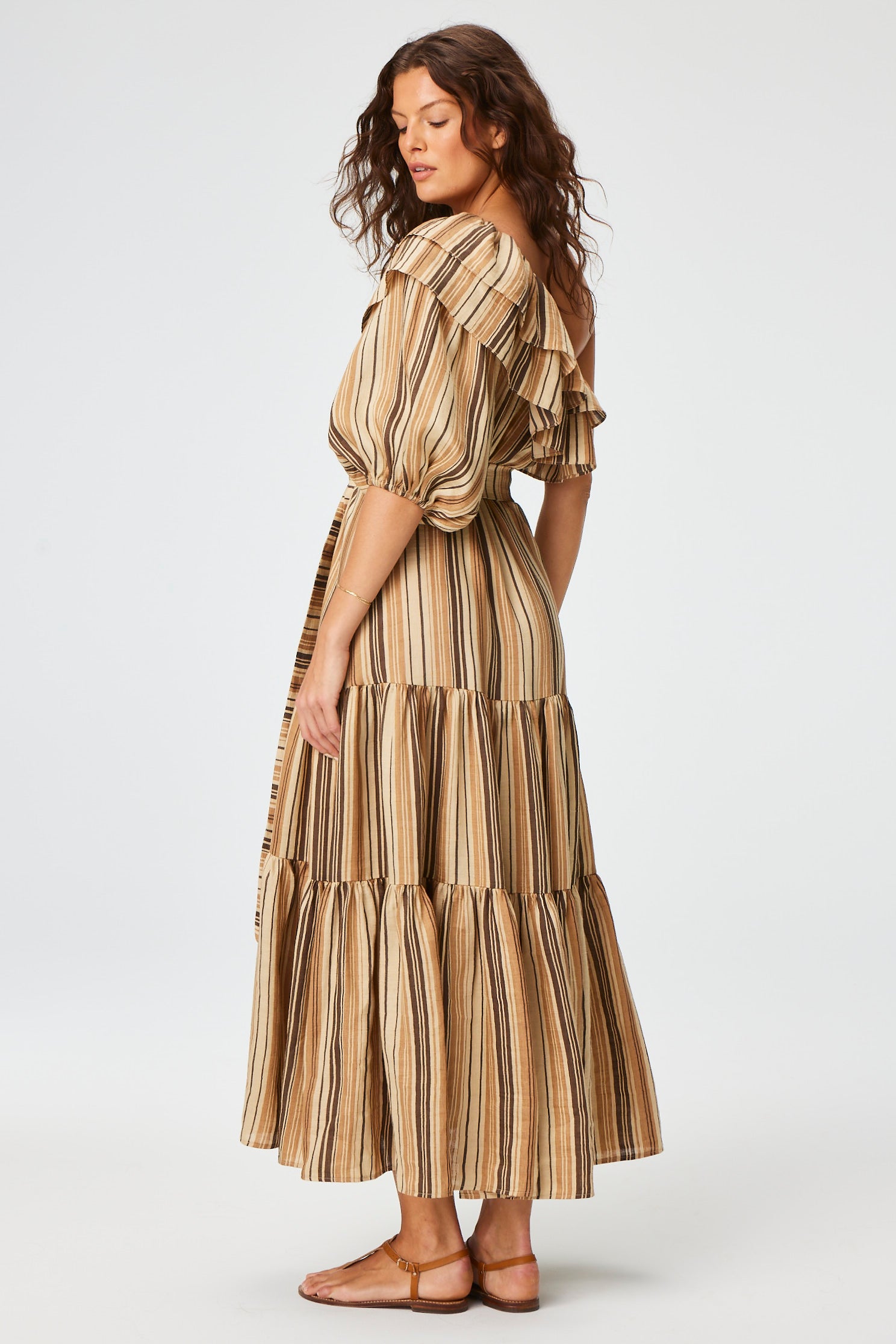 THE ARDEN DRESS in SAND STRIPED LINEN