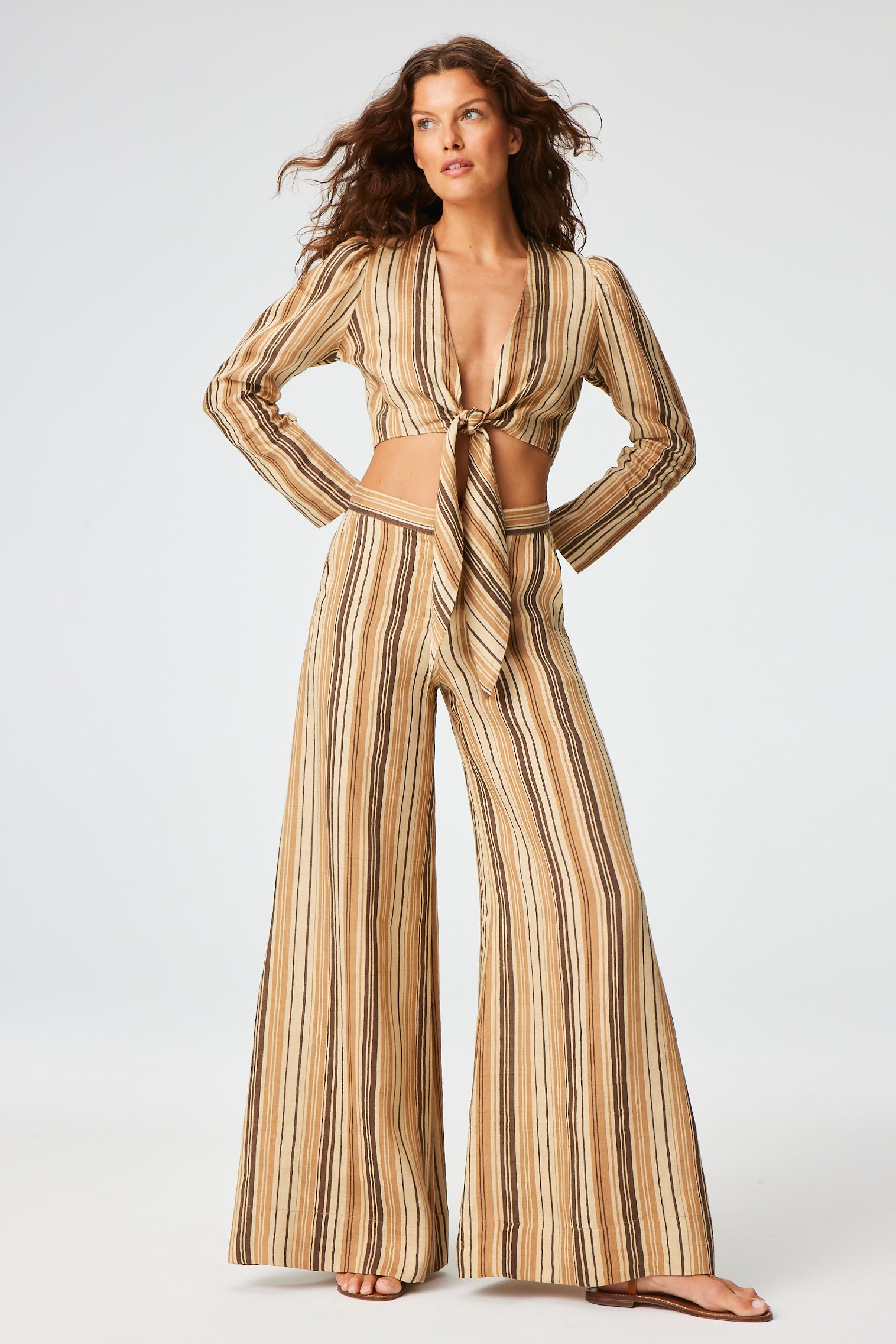 THE TIE BLOUSE in SAND STRIPED LINEN