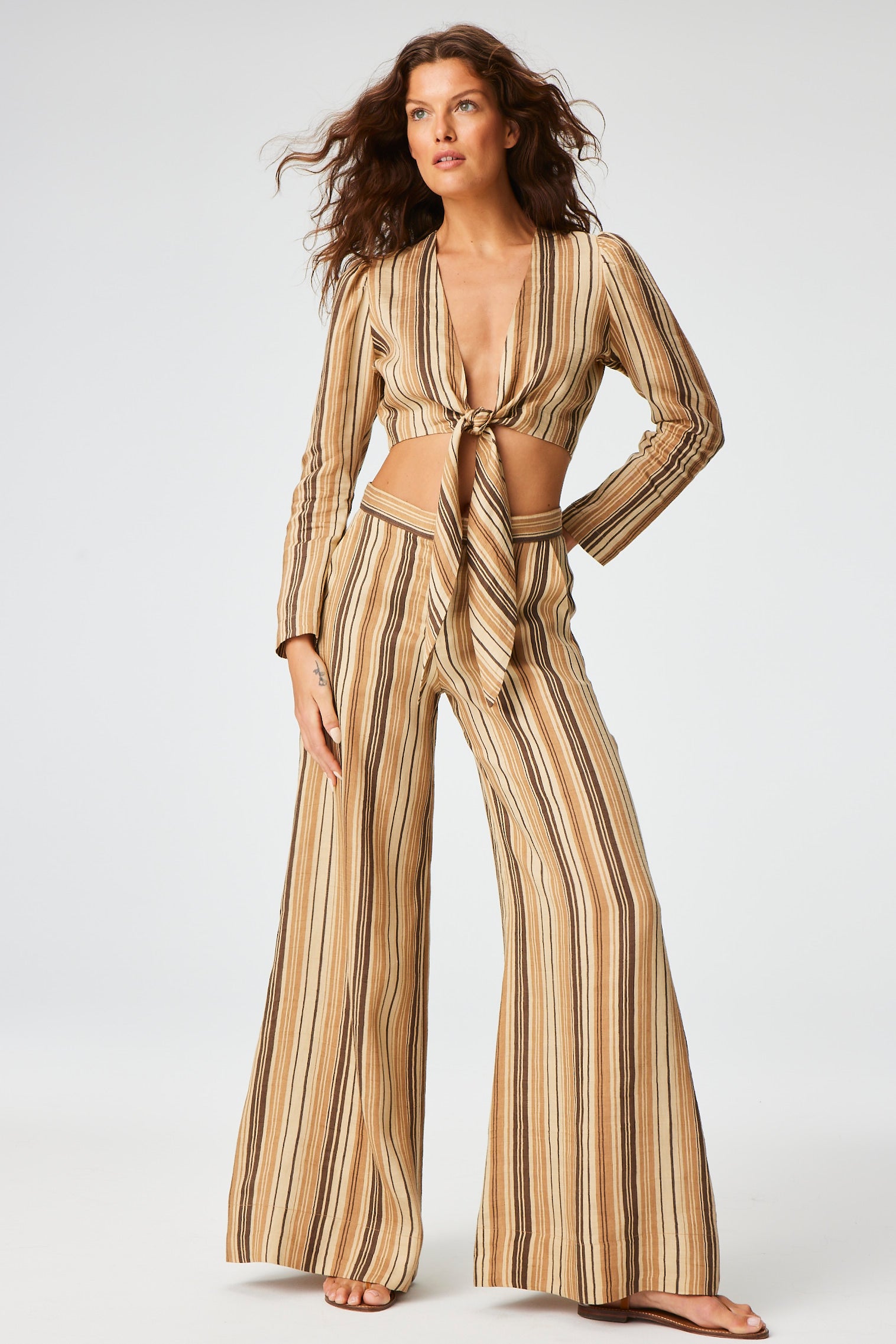 THE TIE BLOUSE in SAND STRIPED LINEN