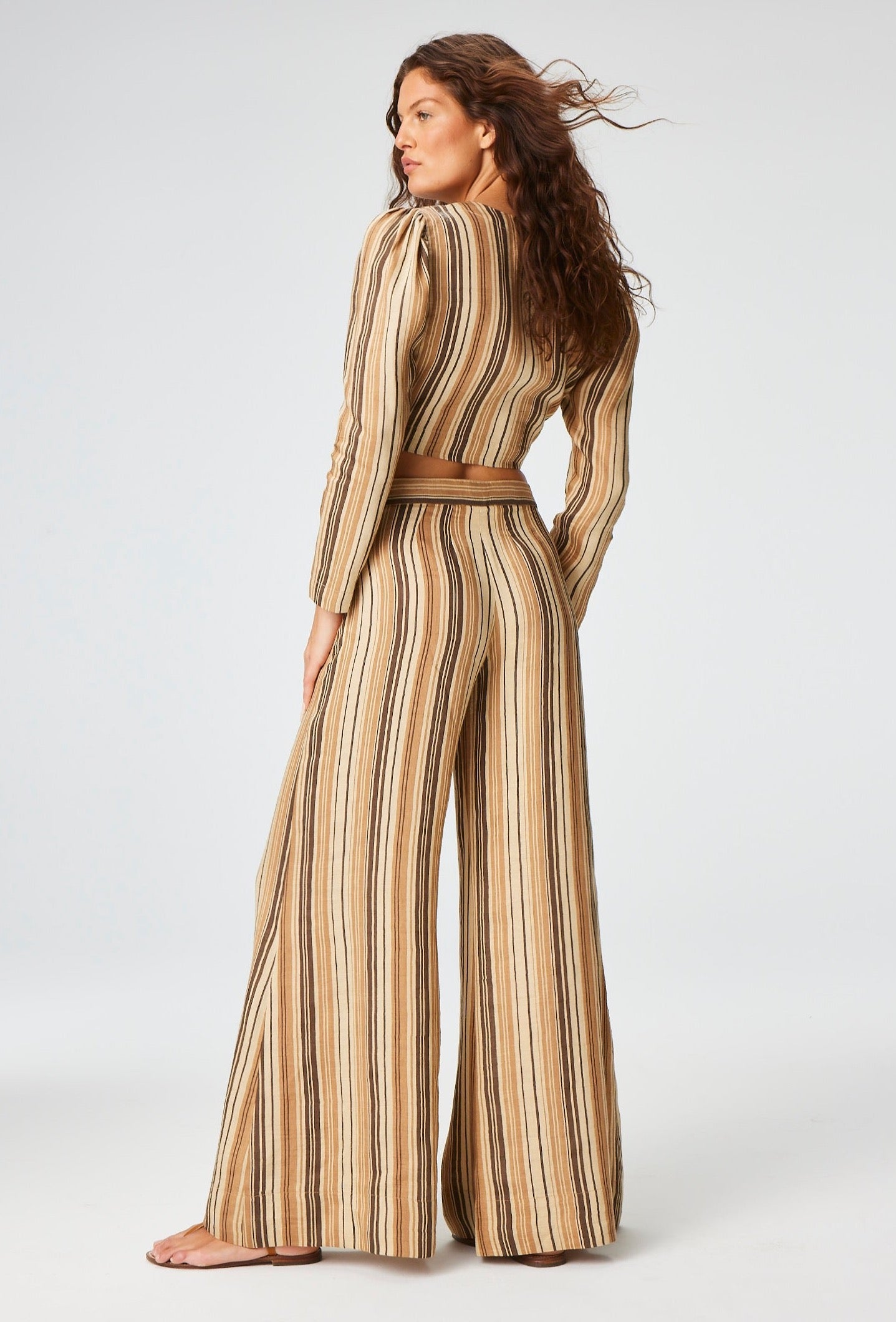 THE LOW-WAIST WIDE LEG PANT in SAND STRIPED LINEN