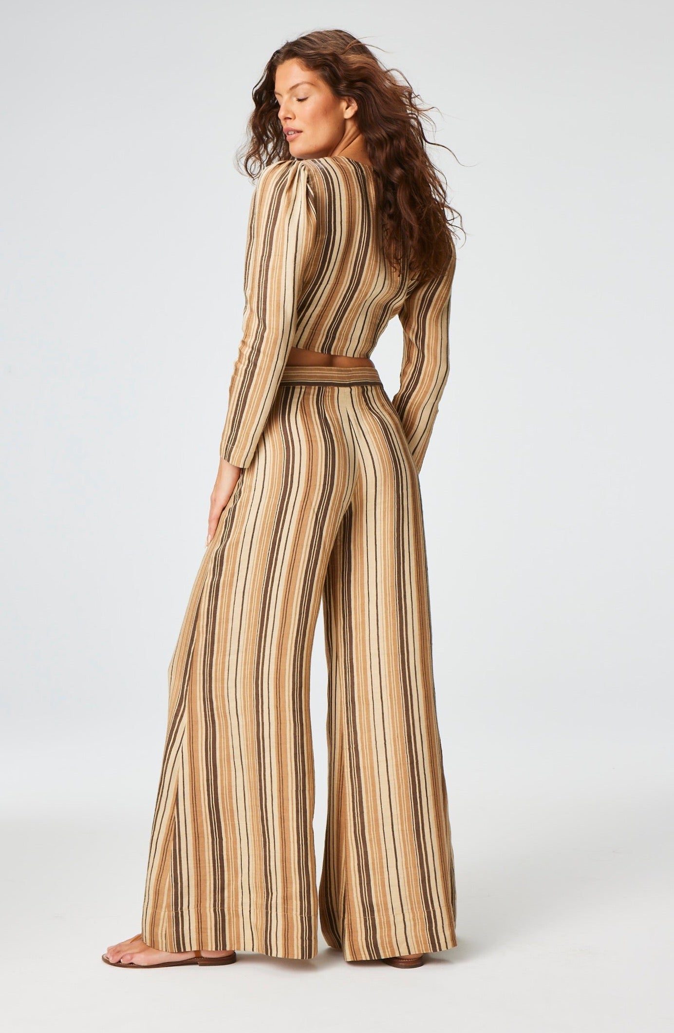THE TIE BLOUSE in SAND STRIPED LINEN
