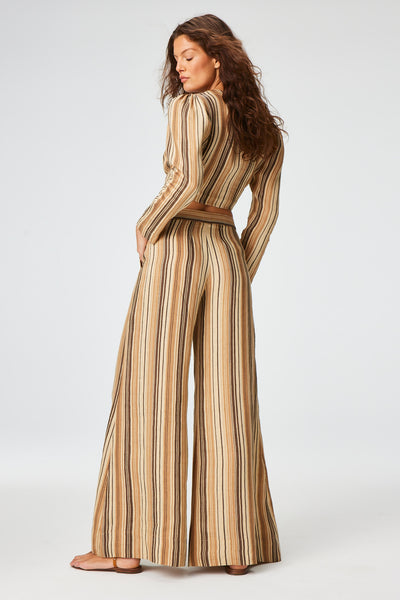 THE TIE BLOUSE in SAND STRIPED LINEN