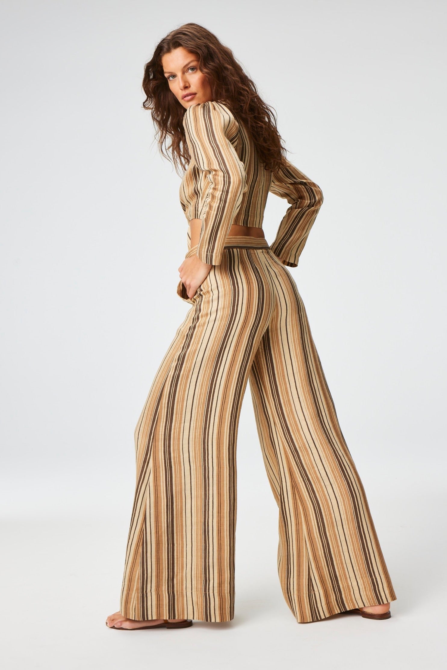 THE LOW-WAIST WIDE LEG PANT in SAND STRIPED LINEN