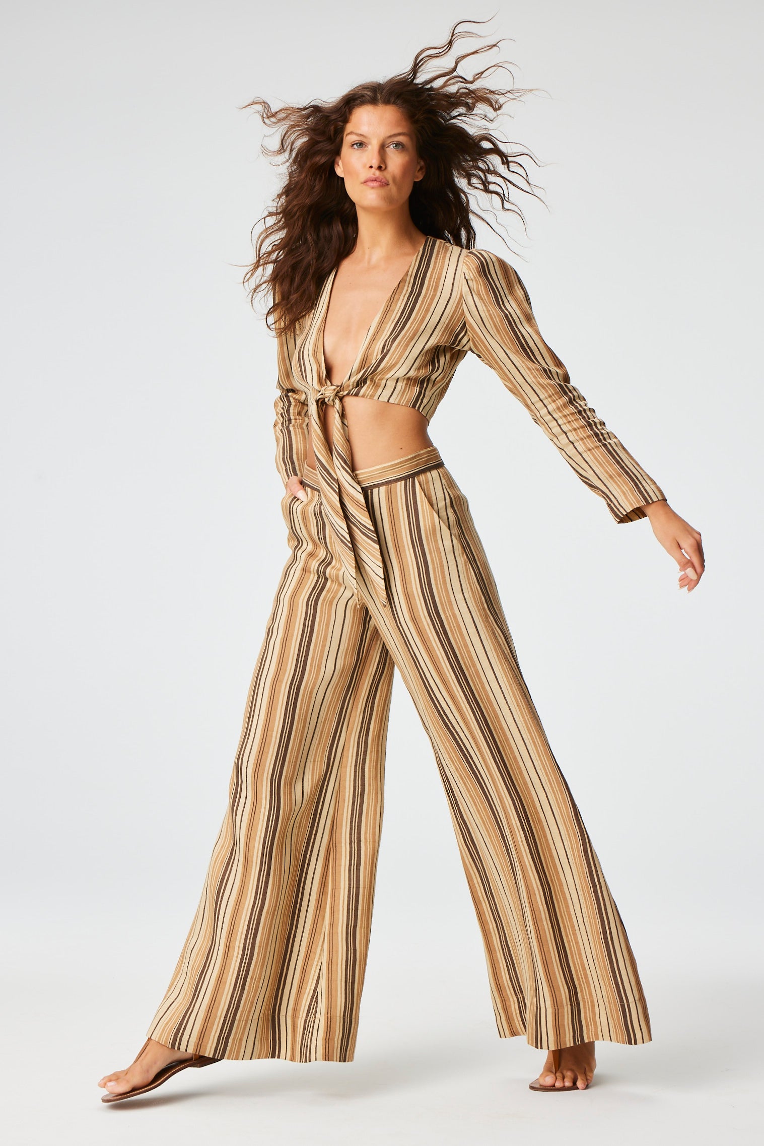 THE TIE BLOUSE in SAND STRIPED LINEN