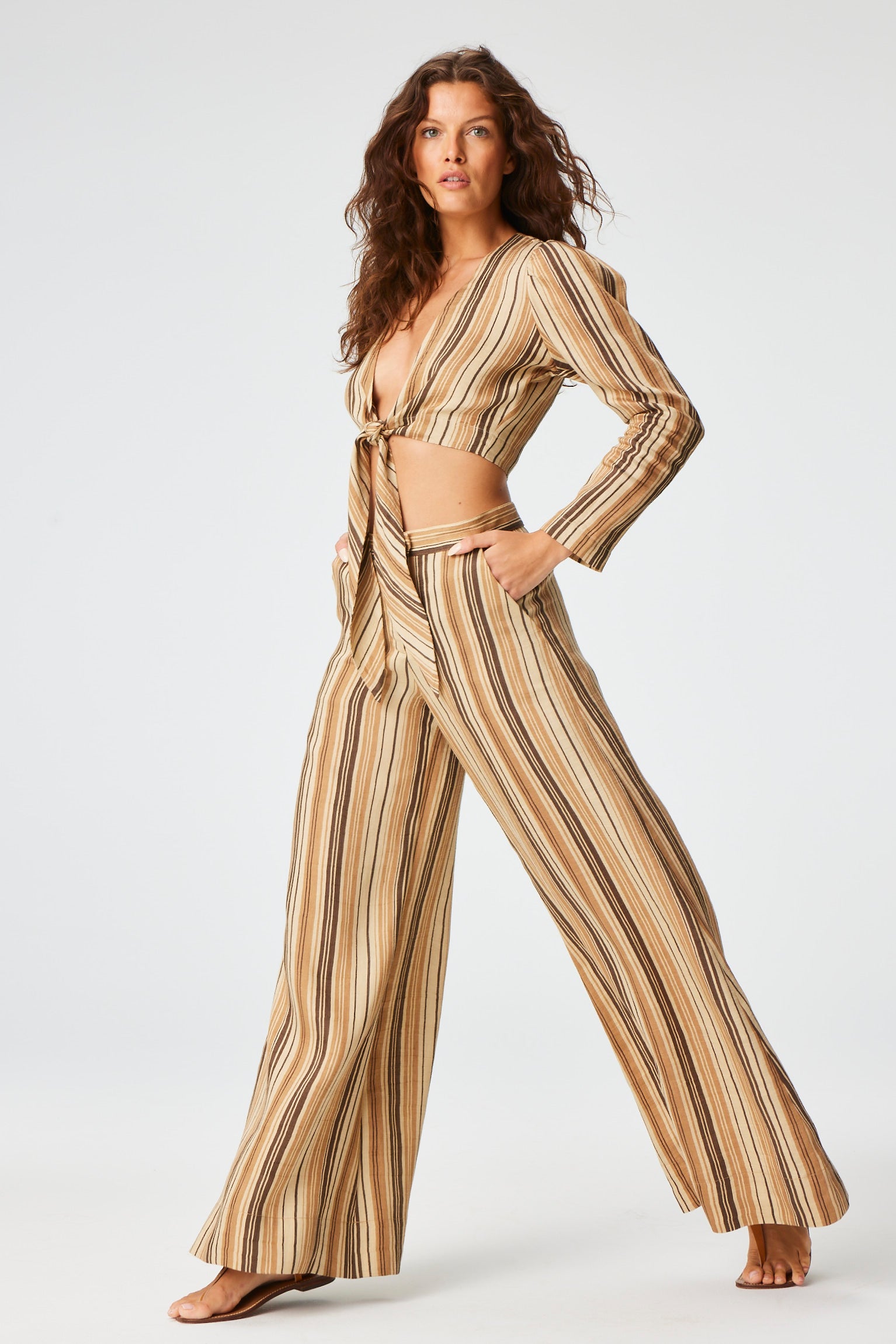 THE LOW-WAIST WIDE LEG PANT in SAND STRIPED LINEN