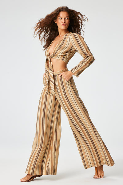THE LOW-WAIST WIDE LEG PANT in SAND STRIPED LINEN