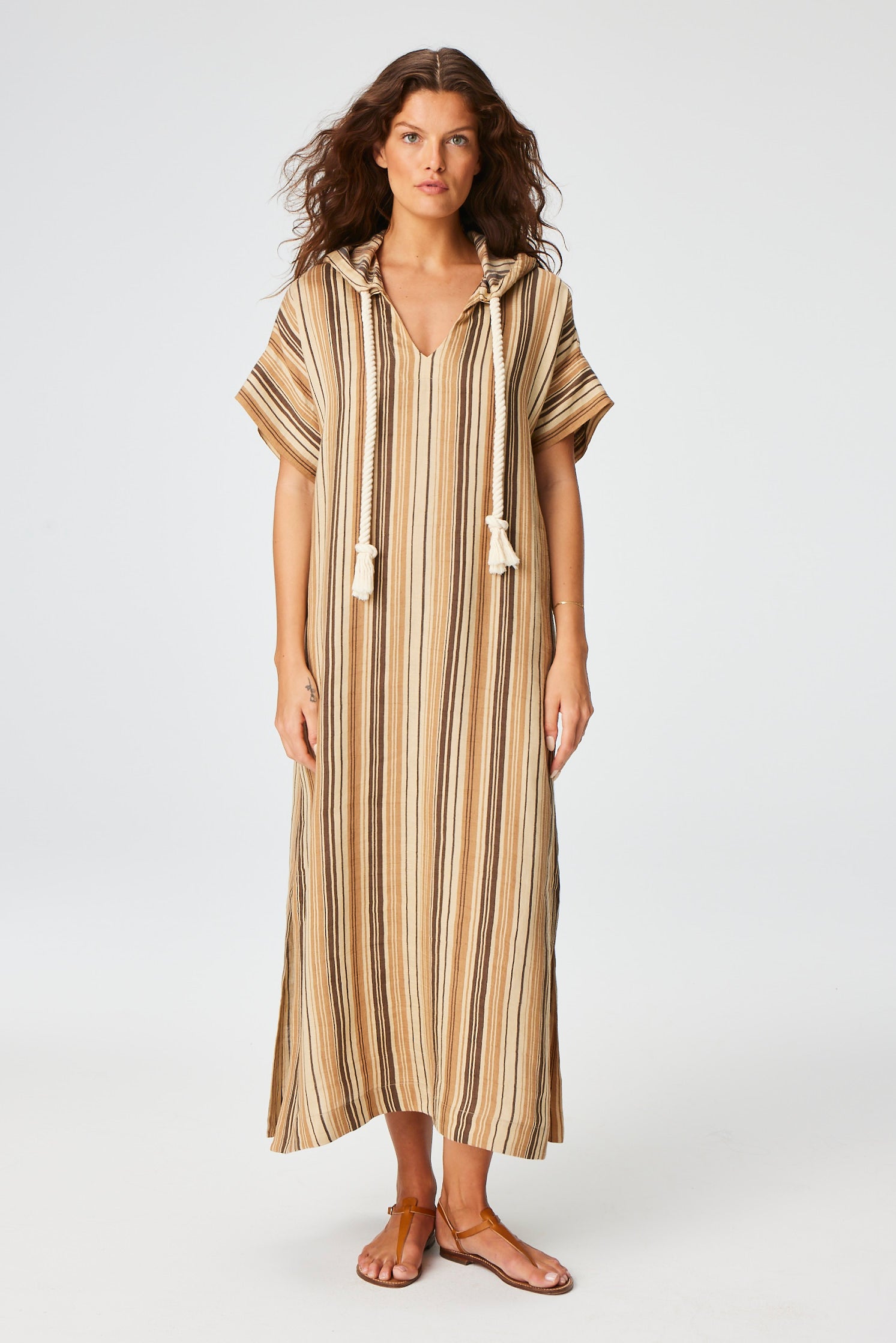 THE DRAWSTRING HOODED CAFTAN in SAND STRIPED LINEN