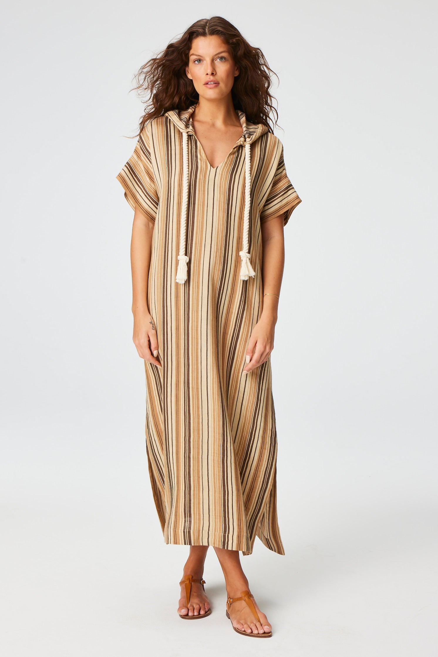 THE DRAWSTRING HOODED CAFTAN in SAND STRIPED LINEN