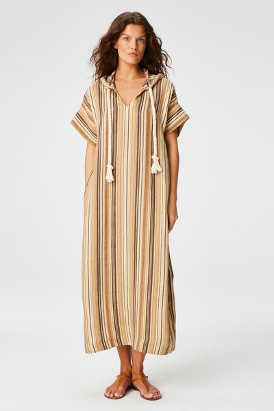 THE DRAWSTRING HOODED CAFTAN in SAND STRIPED LINEN