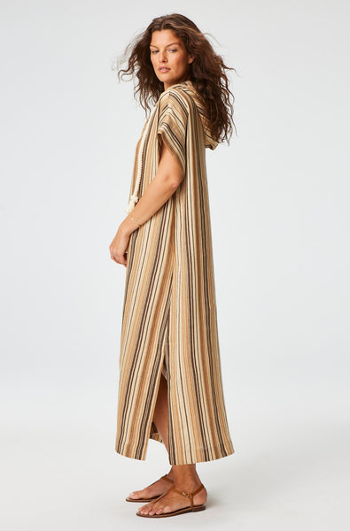 THE DRAWSTRING HOODED CAFTAN in SAND STRIPED LINEN