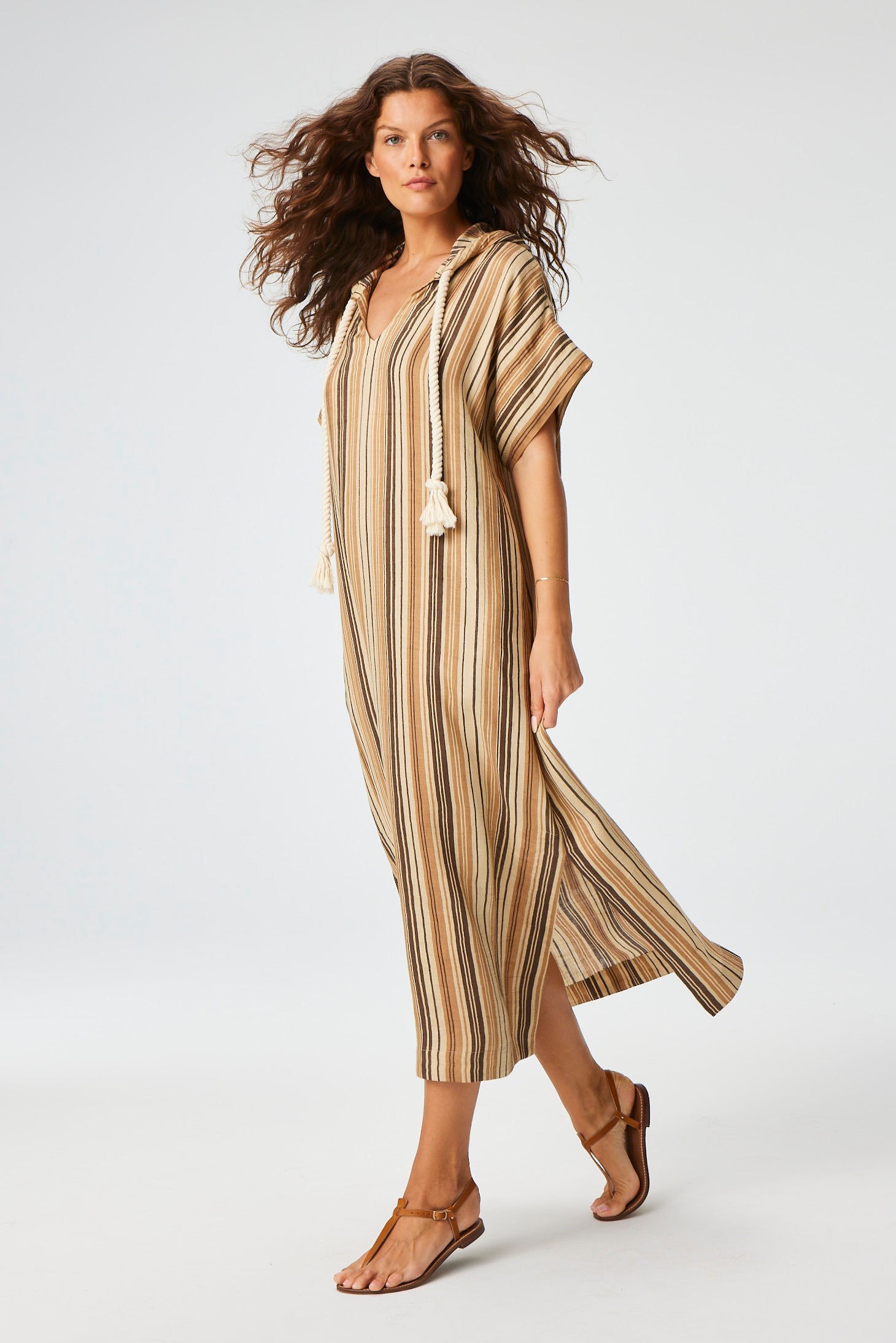 THE DRAWSTRING HOODED CAFTAN in SAND STRIPED LINEN
