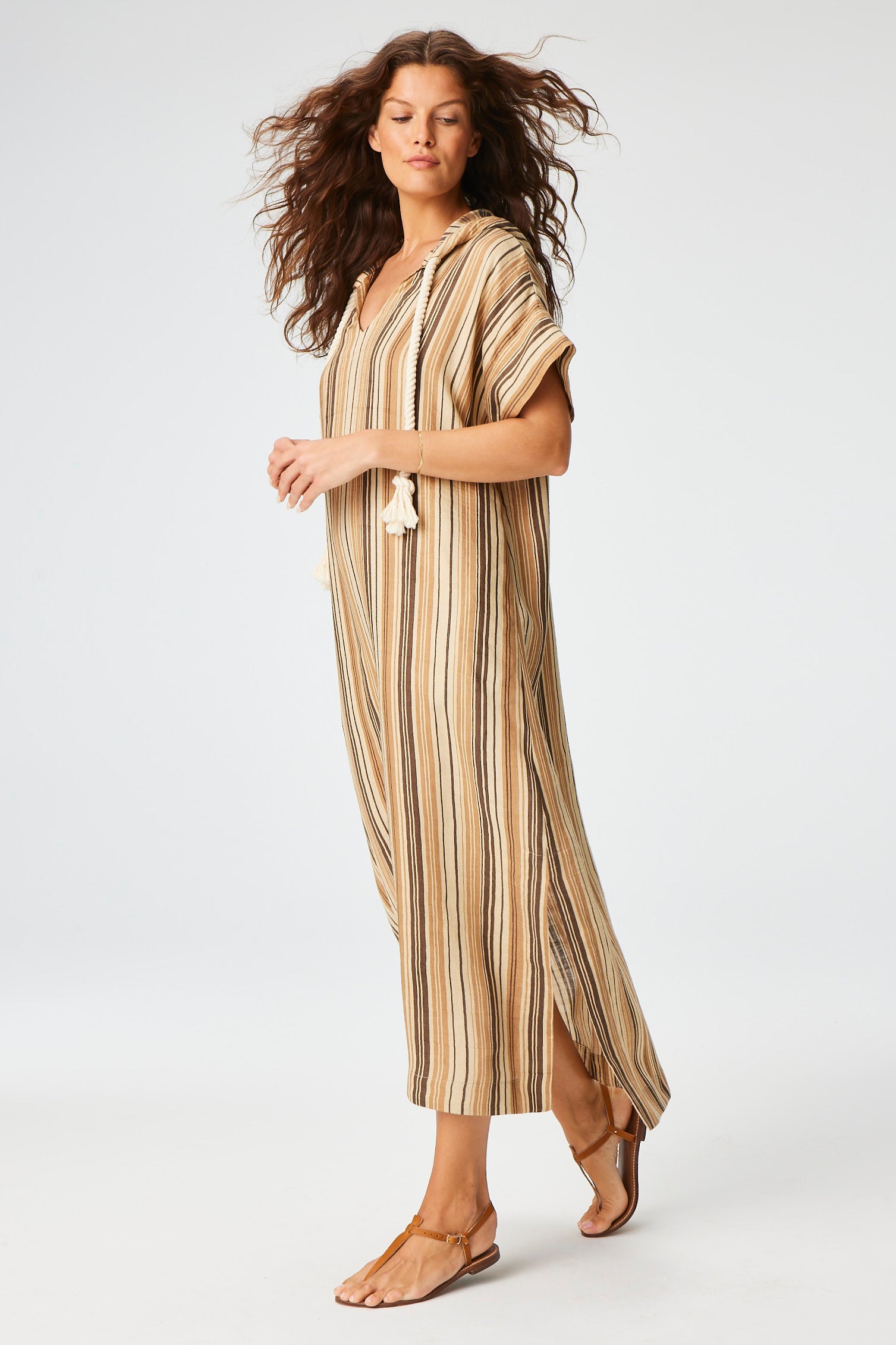 THE DRAWSTRING HOODED CAFTAN in SAND STRIPED LINEN