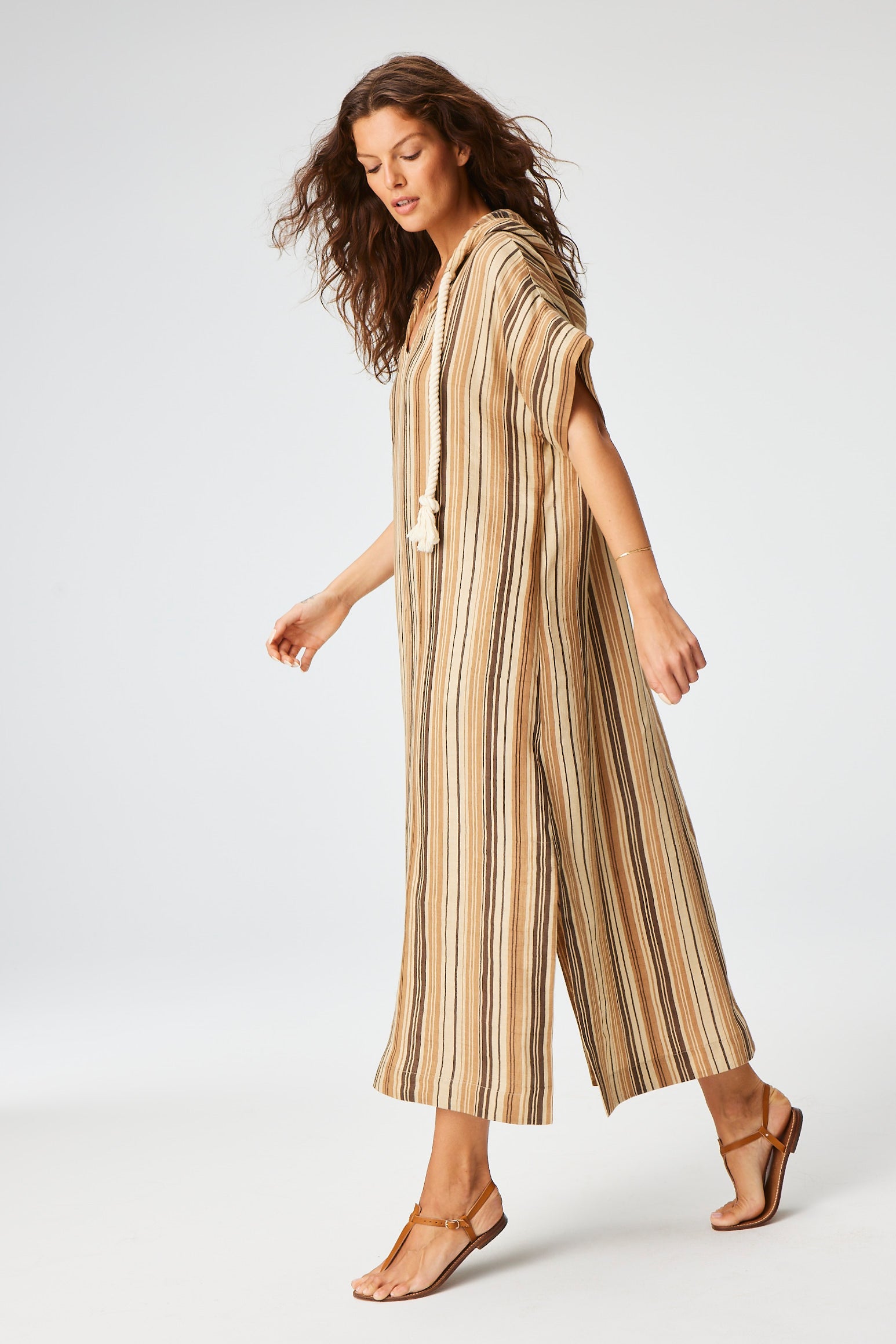 THE DRAWSTRING HOODED CAFTAN in SAND STRIPED LINEN