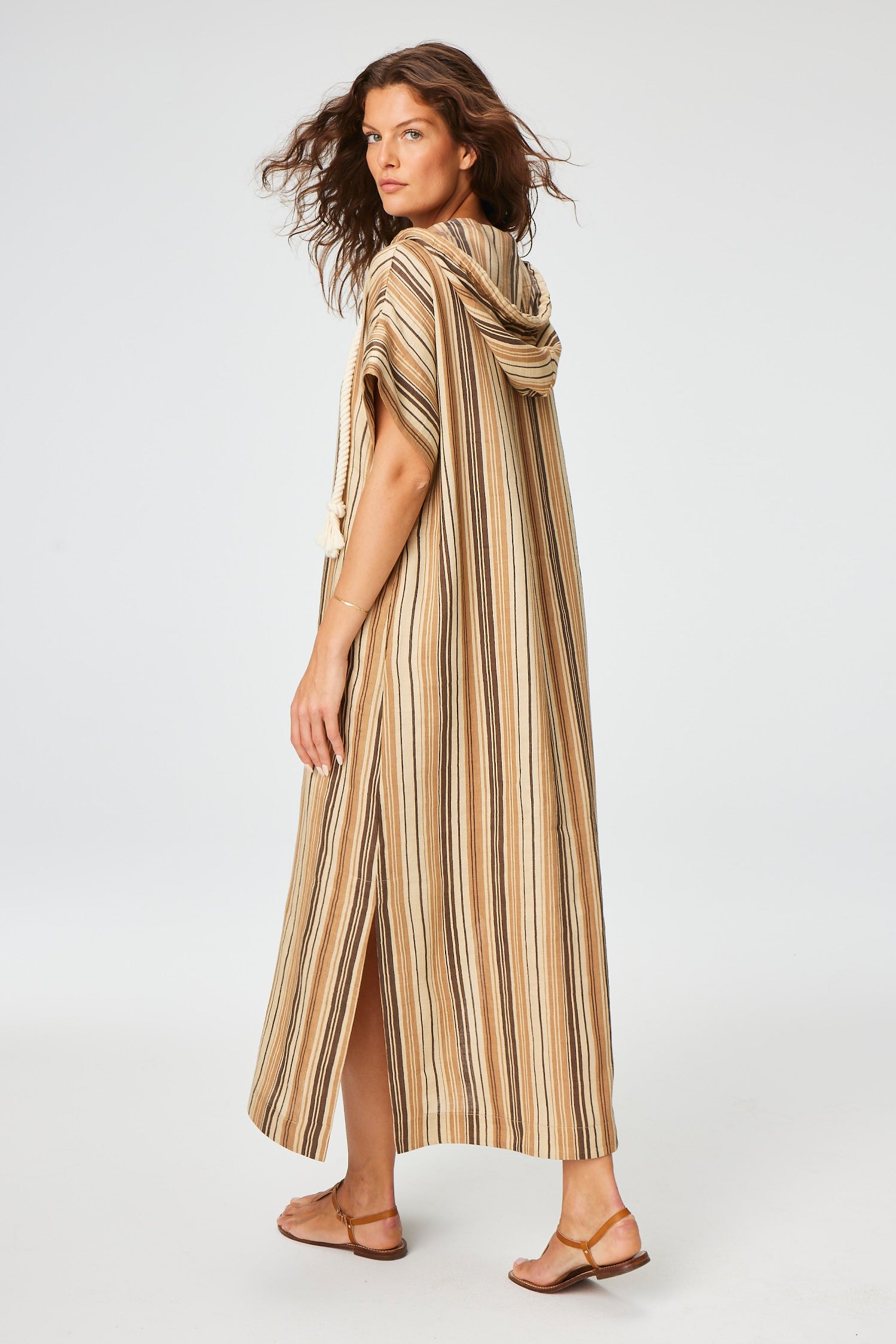 THE DRAWSTRING HOODED CAFTAN in SAND STRIPED LINEN
