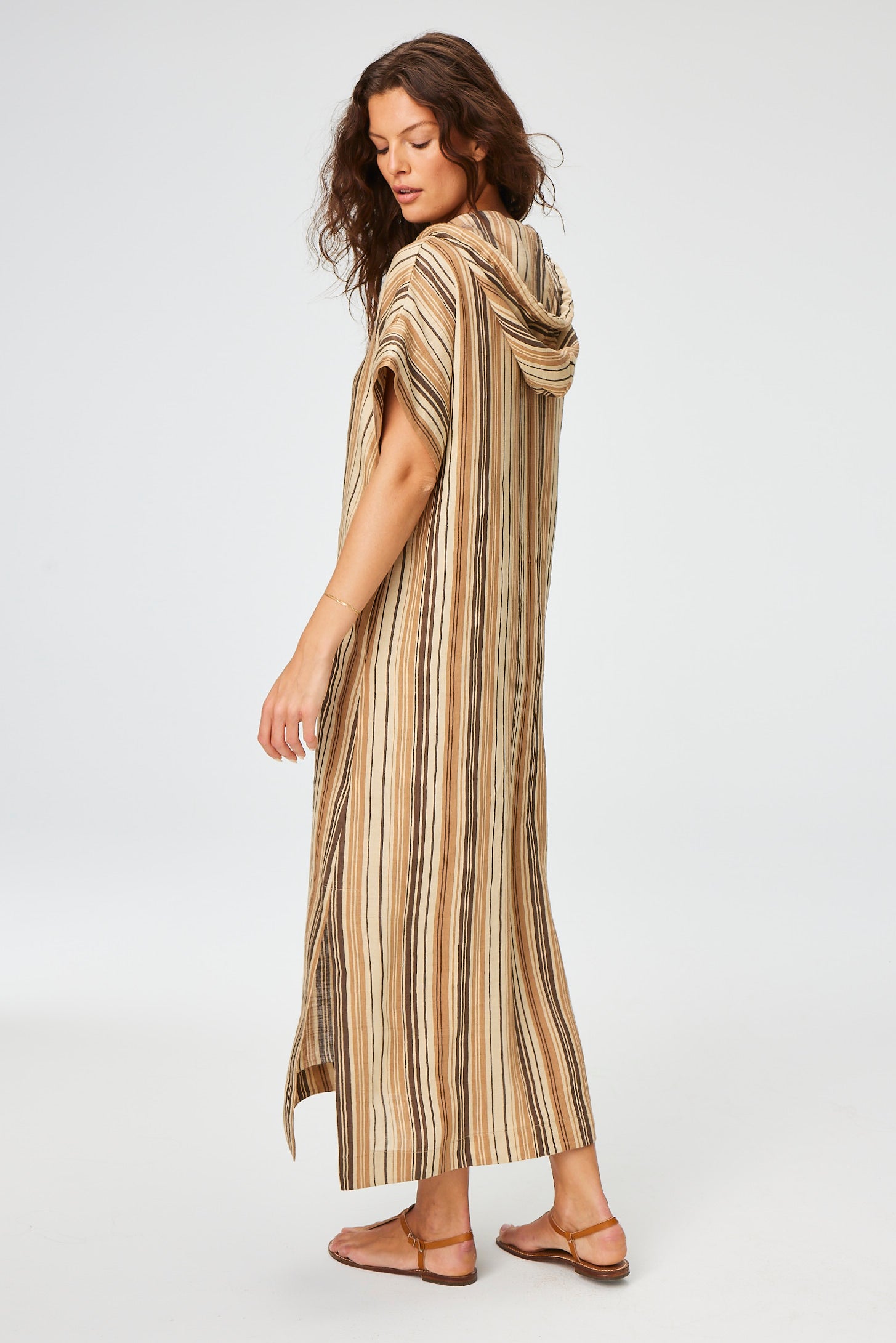 THE DRAWSTRING HOODED CAFTAN in SAND STRIPED LINEN