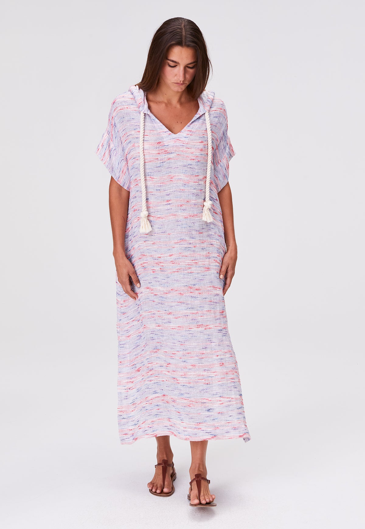 THE DRAWSTRING HOODED CAFTAN in MULTI STRIPED GAUZE