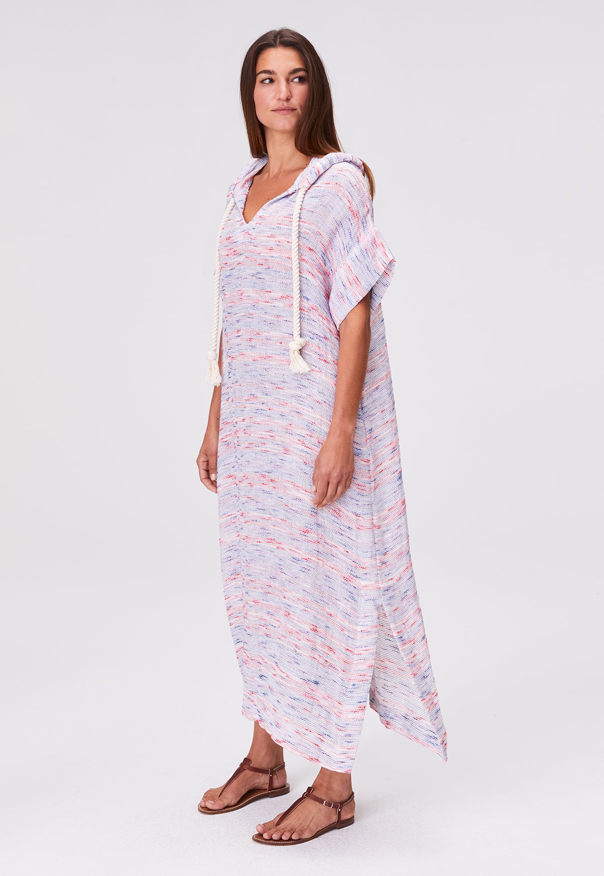 THE DRAWSTRING HOODED CAFTAN in MULTI STRIPED GAUZE