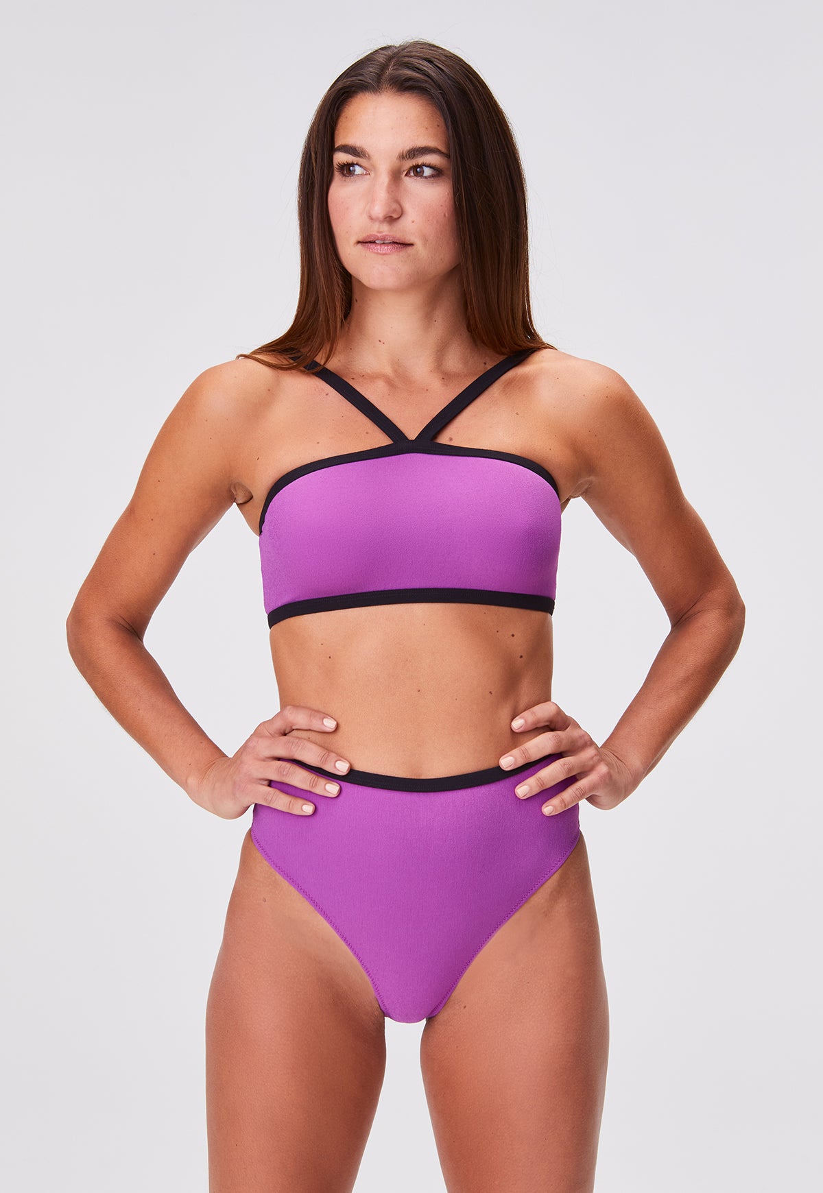 THE BANDEAU HIGH-WAIST BIKINI in RASPBERRY & BLACK CREPE