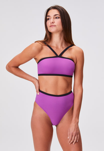 THE BANDEAU HIGH-WAIST BIKINI in RASPBERRY & BLACK CREPE